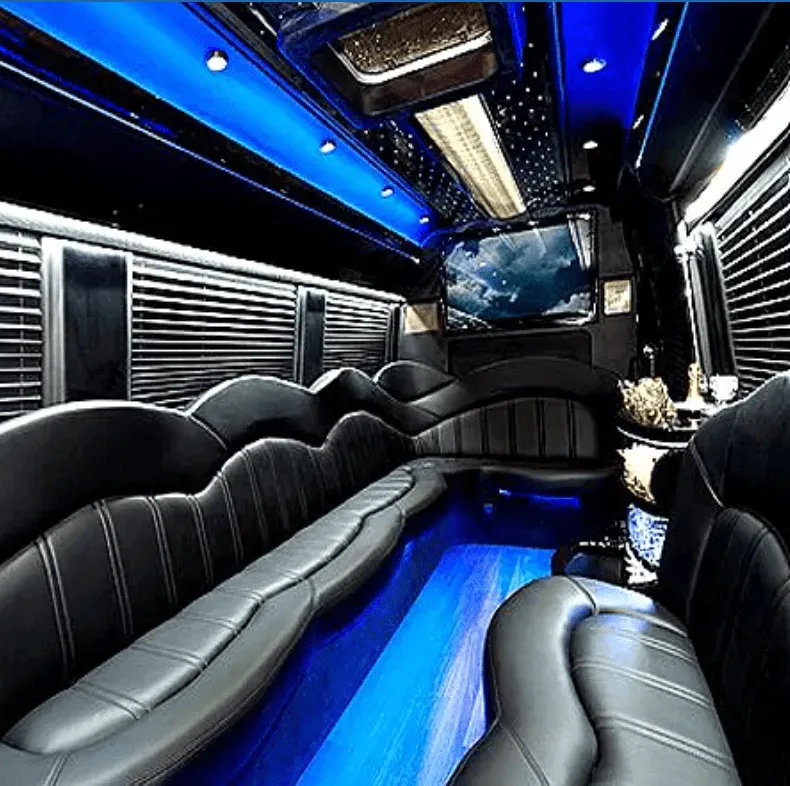 Mercedes-Benz Sprinter Limousine interior with perimeter lounge seating, window shades and LED accent lighting for prom car rental in Hawthorne, CA Mercedes-Benz Sprinter Limousine interior with perimeter lounge seating, window shades and LED accent lighting for prom car rental in Hawthorne, CA