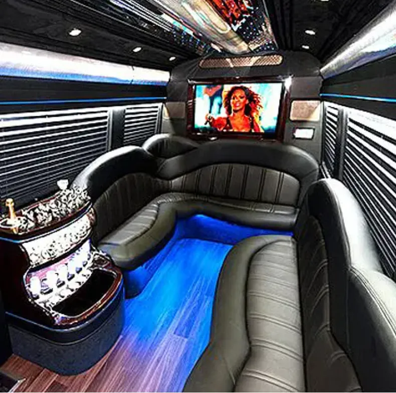 Mercedes Sprinter Limo interior for party bus rental in Santa Fe Springs, CA