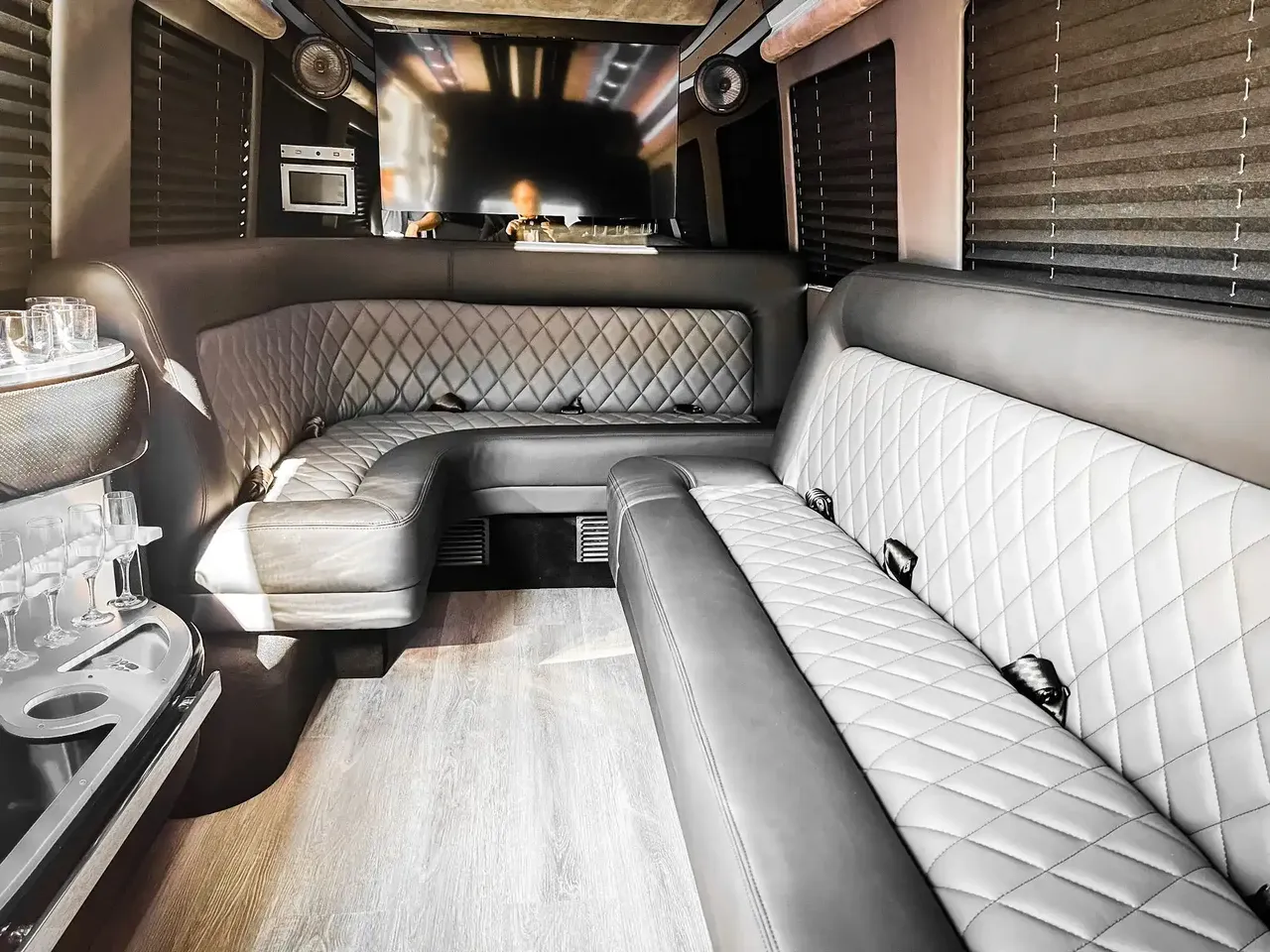 Mercedes Sprinter Limo interior for party bus rental in Greensburg, KS