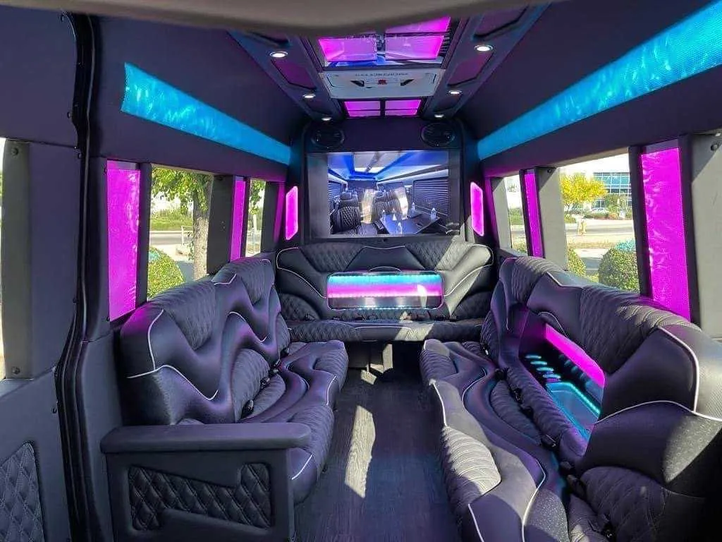 Mercedes Sprinter Limo interior for party bus rental in Brownsville, OR