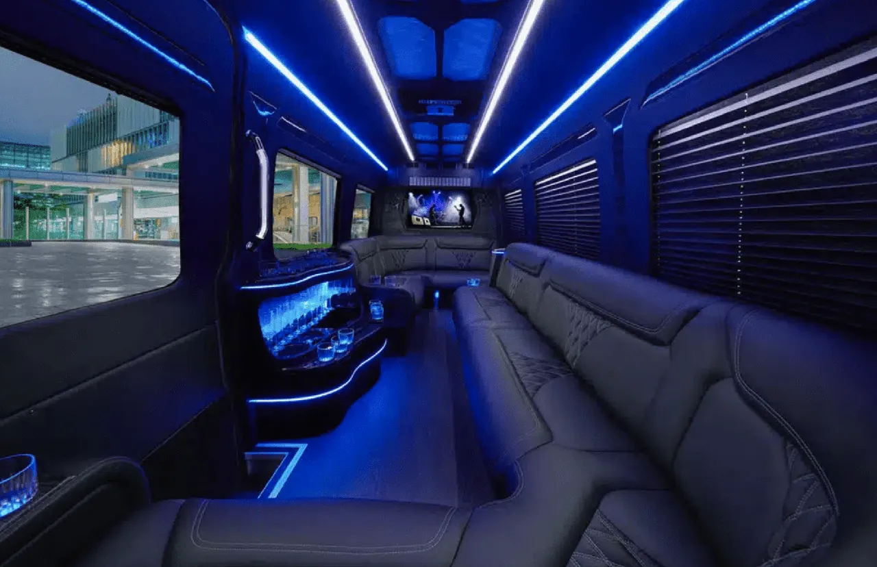 Mercedes Sprinter Limo interior for party bus rental in Hamburg, IA