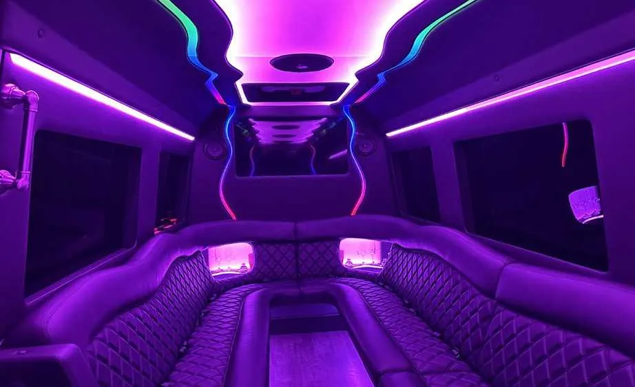 Mercedes Sprinter Limo interior for party bus rental in Kneeland, CA