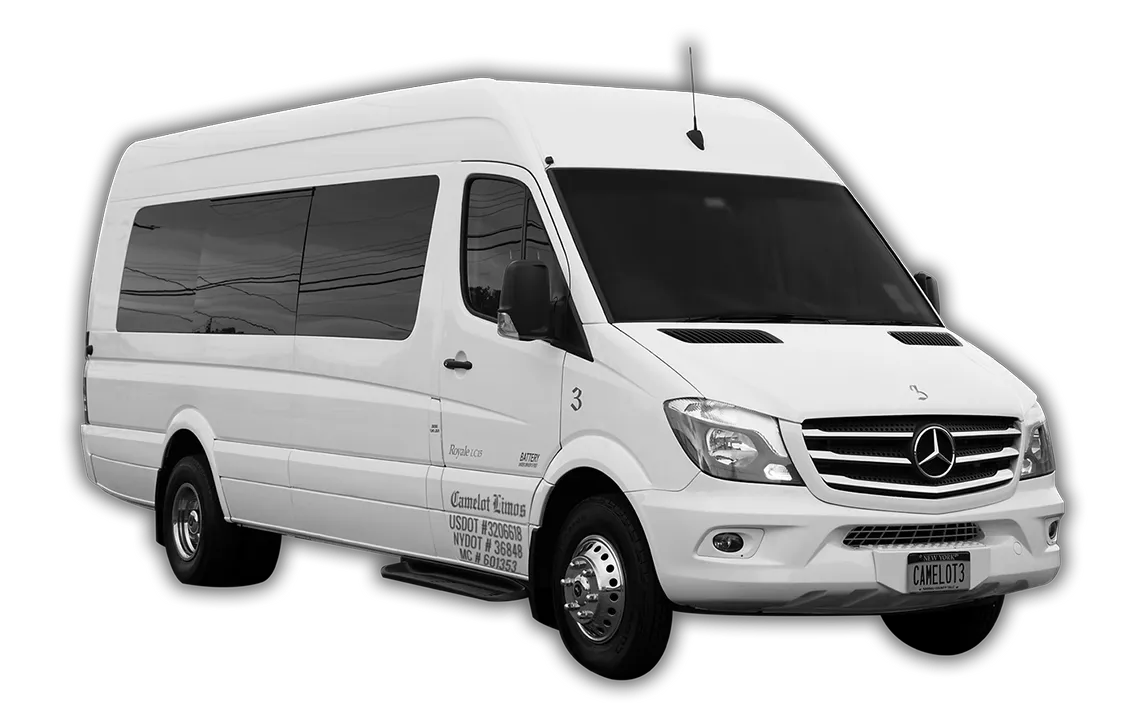 White Mercedes Sprinter Limo for mini coach rental in Burnham, PA