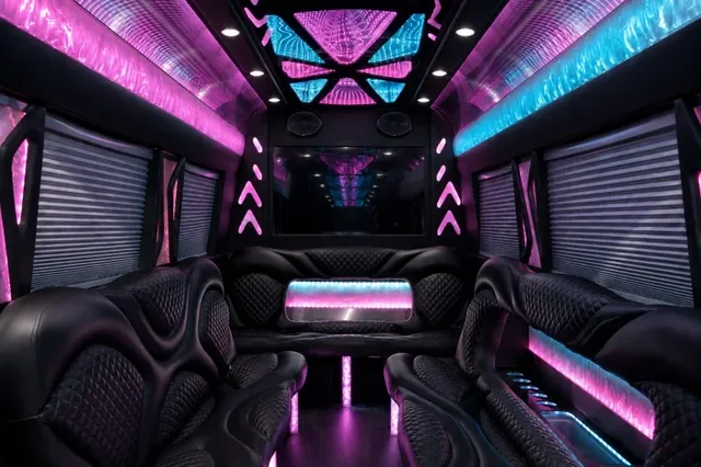Mercedes Sprinter Limousine interior with perimeter lounge seating, window shades and LED accent lighting, photo 3 for bachelorette party transport in Pinal County, AZ