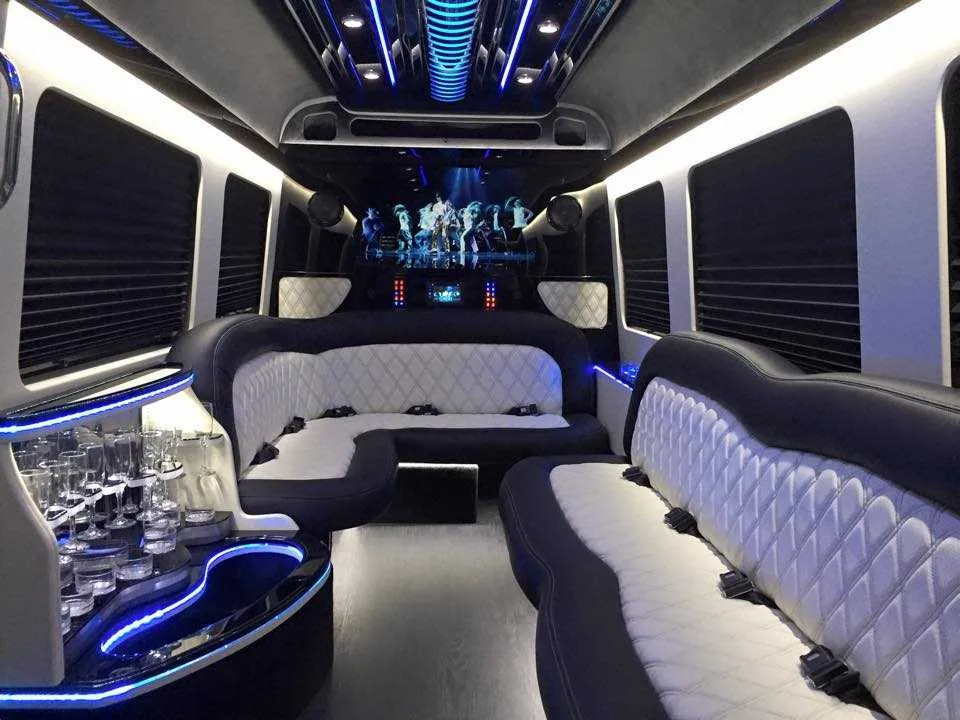 Mercedes Sprinter Limousine interior for limo rental in North Montpelier, VT