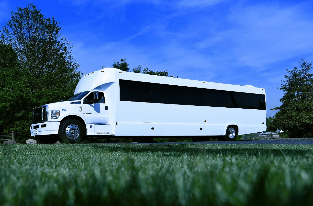 White Party Bus exterior for party bus rental in Mecklenburg County, VA