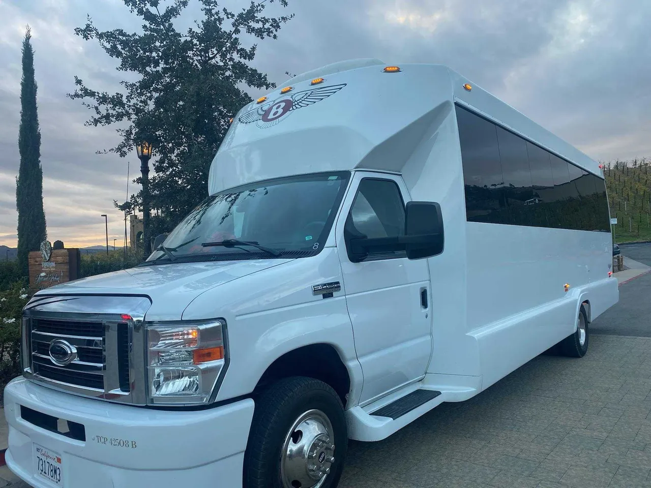 White Party Bus exterior for party bus rental in Anza, CA