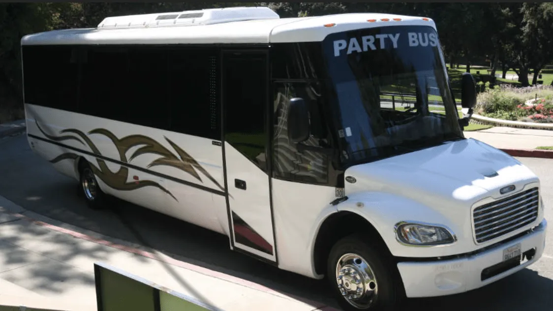 White Party Bus exterior for party bus rental in Caliente, CA