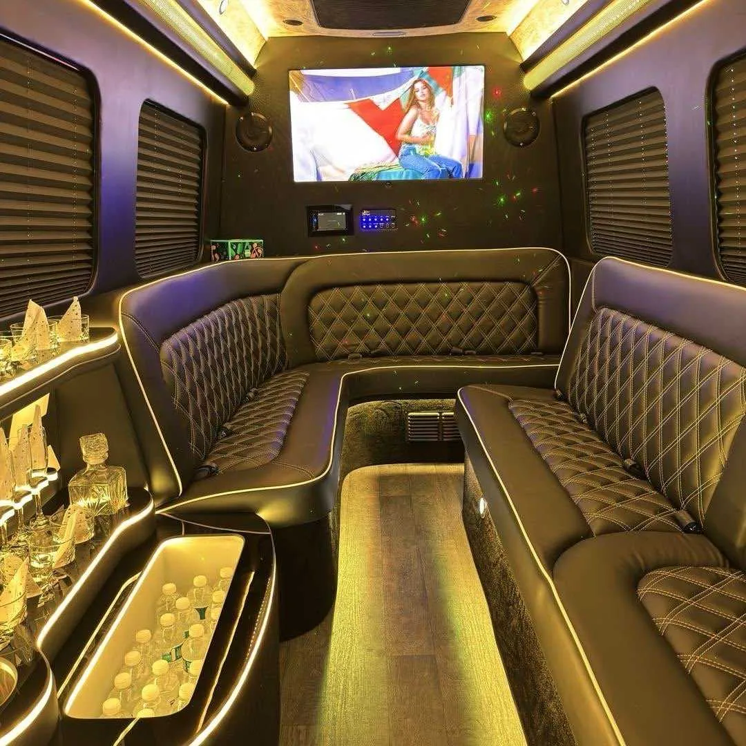 Party Limo Sprinter interior for party bus rental in Poulsbo, WA