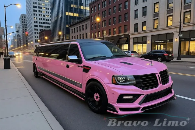 Pink Lincoln Navigator Limousine — advertised 16–18 maximum for pink limo rental