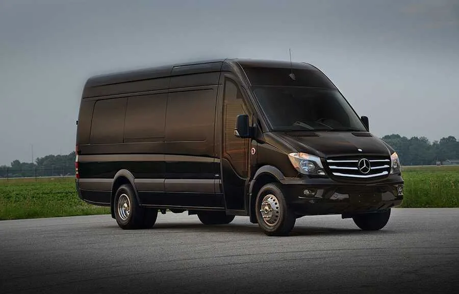 Black Mercedes Party bus- 12 pax exterior for party bus rental in Islandton, SC