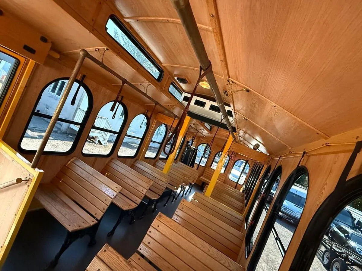 34 Passenger Wedding Trolley interior for novelty car rental in North Attleboro, MA