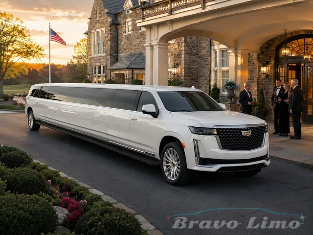 White Cadillac Escalade Limousine — advertised 20–24 maximum for limo rental in Mattaponi, VA