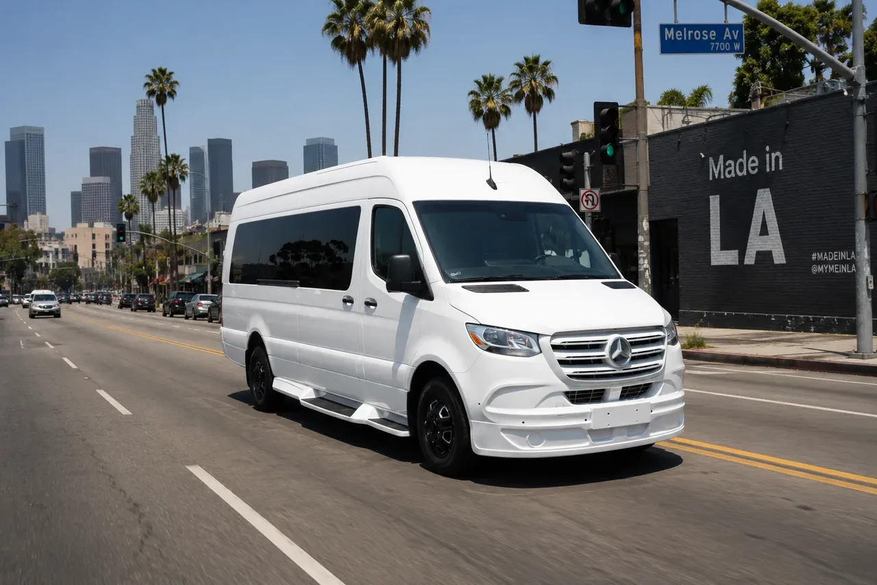 White Luxury Sprinter Shuttle Van for shuttle bus rental in Tulare County, CA
