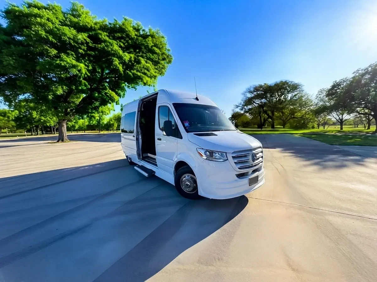 White Mercedes-Benz Sprinter Limousine for party bus rental White Mercedes-Benz Sprinter Limousine for party bus rental