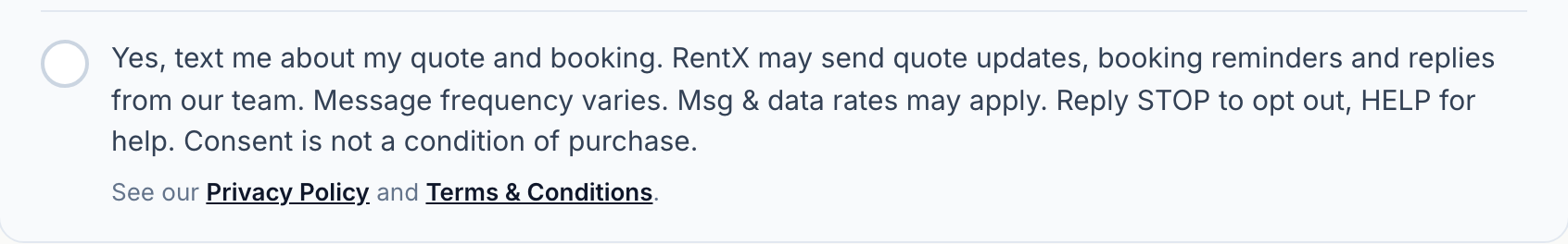 Close-up of the unticked text message consent checkbox and its wording