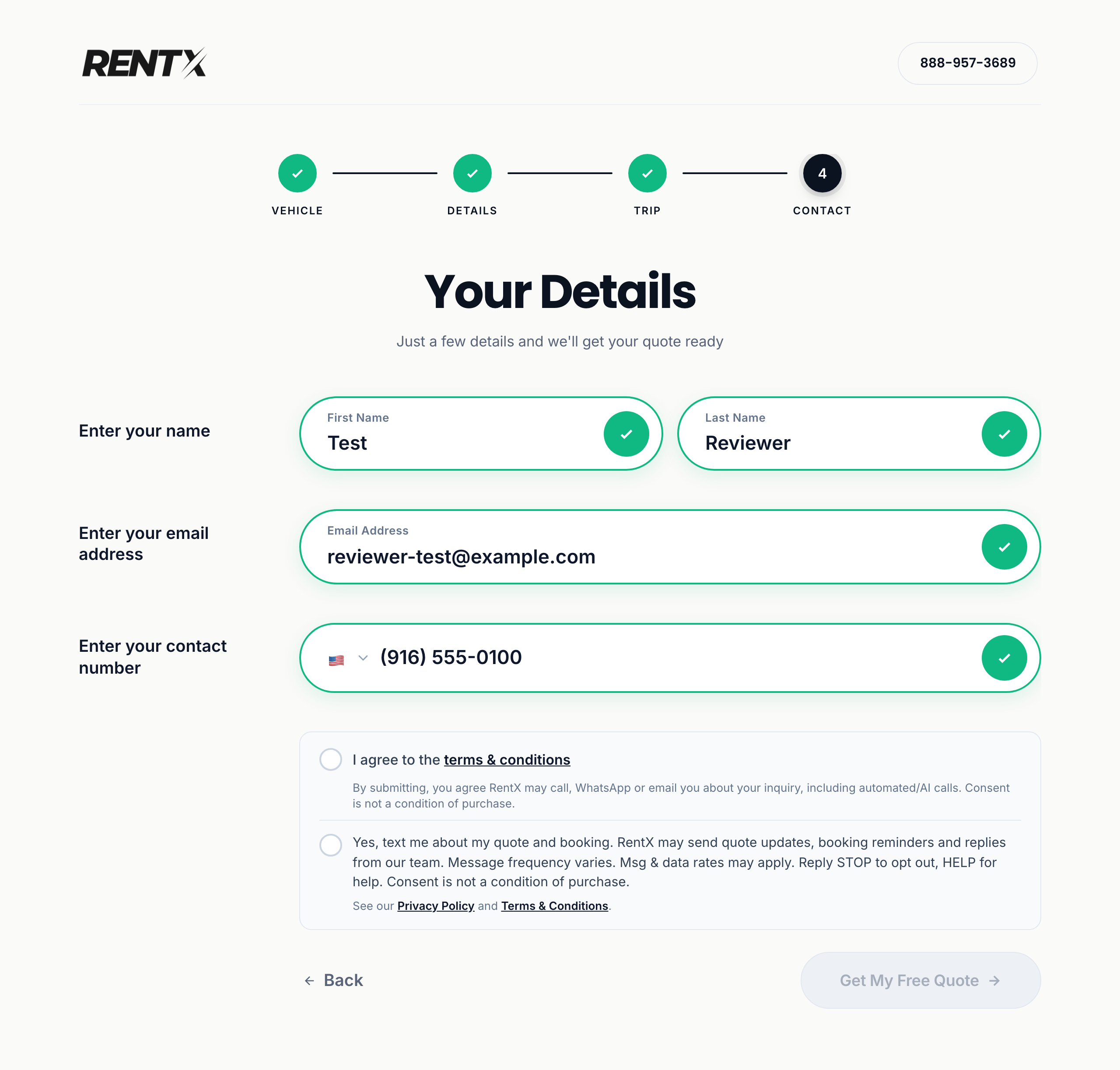 The contact step of the RentX quote form at rentx.com/quote: name, email and mobile number fields, the terms checkbox, and below it the separate unticked text message consent checkbox with its wording and links to the Privacy Policy and Terms