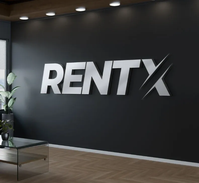 Rental company brand signage on the reception wall of a modern office Rental company brand signage on the reception wall of a modern office