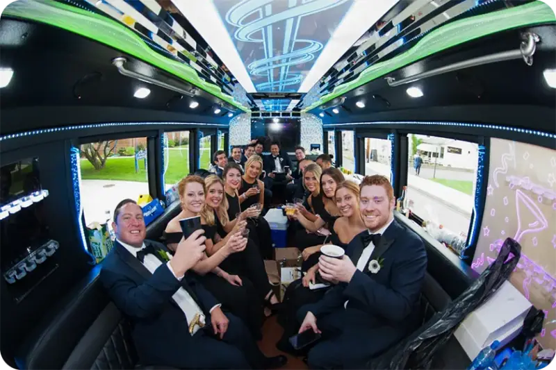 Party bus interior with lights